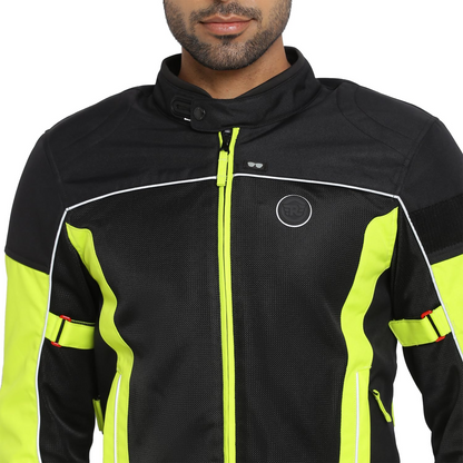 Royal Enfield Explorer V4 Pro Riding Jacket Neon Green (XL) 44Cm with "D3O",Level 2 Protectors At Shoulders & Elbows & Fitted with Back Armours,“Ergo Pro Tech”,Level 2 Pockets For Chest Protectors