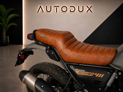 Autodux Custom Seat for Royal Enfield Himalayan &amp; Scram 411 – Double Stripes Tan Leatherette | Free Shipping